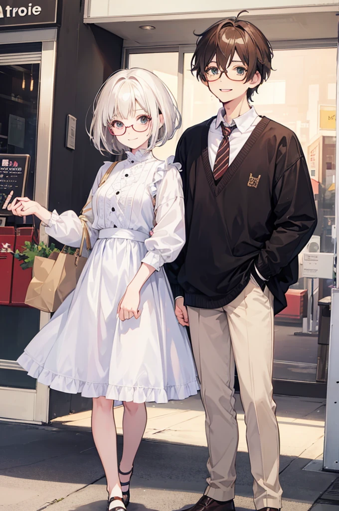 (anime version) a girl with short white hair with brown, with glasses and smiling and a boy with dark brown hair not so tall and smiling