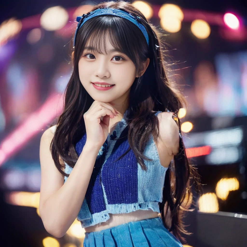 (RAW Photo, Best Quality), (Realistic, Photo Realistic: 1.3), Best Quality, Highly Detailed, Masterpiece, Ultra Detailed, 1 Girl, upper_body, Dynamic Angle, Extremely Detailed CG Unified 8k Wallpaper, Ink, Amazing, Movie upper_body, World Mastery Theater, messy_long_hair, Best Quality, Extremely Detailed CG Unified 8k Wallpaper, Ink, Amazing, Movie Lights, lens_flare, Detailed Face, (Deliberate expression: 1.5), sony master shot, woman posing for photo in front of tv, hi-res screenshot, normal hands, nice studio lighting, vhs screenshot, beautiful fine face, (Japanese teenage girl idol:1.5), performing on stage, (wearing blue-color idol costume:1.5), black short bob hairstyle, smiling,stage background, stage lights, concert setting, not city background,(wearing a colorful hair accessory)