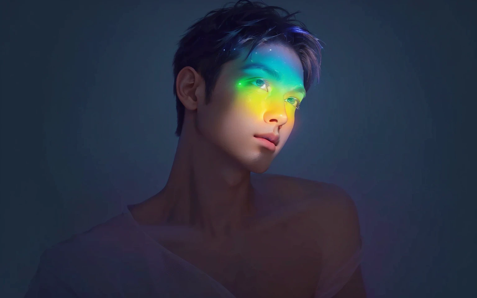 Arav image of a man with rainbow light on his face, Glowing rainbow face, Portrait of an Asian boy, Glowing with color, He radiates light, Radiant face, Colorful light, glowwave, The face is illuminated, Glossy Digital, Vibrant numbers, Colorful numbers,look up,Profile,((depth of field)),((open and vast place)),telephoto lens,(((close-up))),(chest focus),(((perspective from below))),(simple background),(simple color),((blurry)),(horizon),
1boy,cool guy,peaceful,((floating short hair)),((((bangs)))),(((soft clean hair))),(((silky skin))) ,((smooth skin)) ,clean body,(clean face),((smooth face)),(natural pretty face),((adam's apple)),((looking up)),((solo)),(teenage),(wind),(chin up),(hopeful),
((skin tight open shirt)),(mini white shirt),((((see-through)))),
(narrow waist),slender waist,muscular,(broad shoulders),((huge wide chest)),