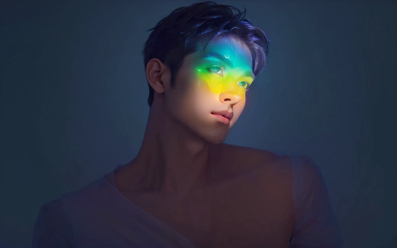 Arav image of a man with rainbow light on his face, Glowing rainbow face, Portrait of an Asian boy, Glowing with color, He radiates light, Radiant face, Colorful light, glowwave, The face is illuminated, Glossy Digital, Vibrant numbers, Colorful numbers,look up,Profile,((depth of field)),((open and vast place)),telephoto lens,(((close-up))),(chest focus),(((perspective from below))),(simple background),(simple color),((blurry)),(horizon),
1boy,cool guy,peaceful,((floating short hair)),((((bangs)))),(((soft clean hair))),(((silky skin))) ,((smooth skin)) ,clean body,(clean face),((smooth face)),(natural pretty face),((adam's apple)),((looking up)),((solo)),(teenage),(wind),(chin up),(hopeful),
((skin tight open shirt)),(mini white shirt),((((see-through)))),
(narrow waist),slender waist,muscular,(broad shoulders),((huge wide chest)),