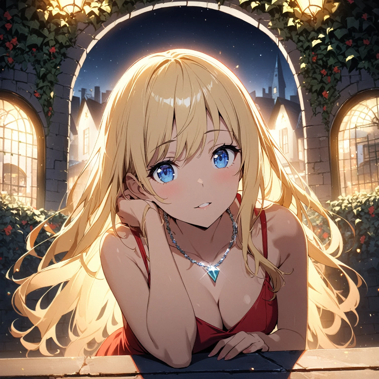 1girl、Blonde、Red dress、blue eyes、diamond necklace、night、terrace、ivy、Ramparts、The lights of the party venue behind、deep shadows、spot light、ultra-detailed、