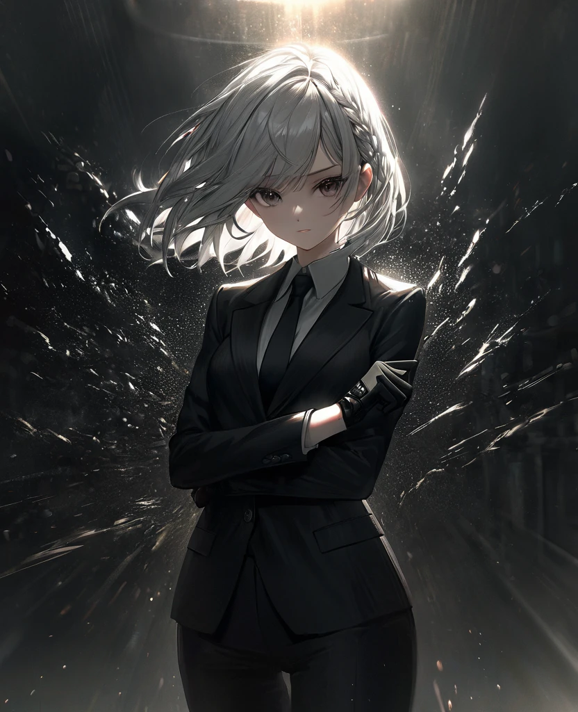 (a woman with one arm,arm handicapped), short white hair, intense expression, wearing a slim-fit black suit with black gloves, highly detailed, photorealistic, intricate details, masterpiece, dramatic lighting, cinematic, moody atmosphere, chiaroscuro, dark and gritty