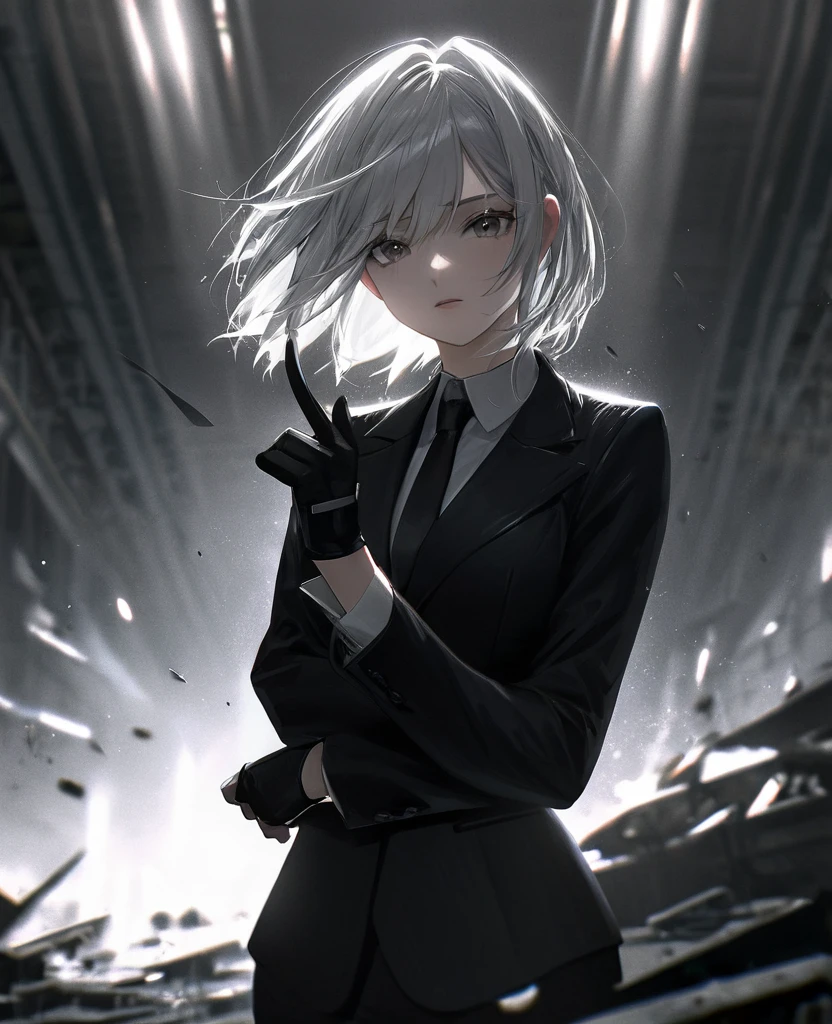 (a woman with one arm,arm handicapped), short white hair, intense expression, wearing a slim-fit black suit with black gloves, highly detailed, photorealistic, intricate details, masterpiece, dramatic lighting, cinematic, moody atmosphere, chiaroscuro, dark and gritty