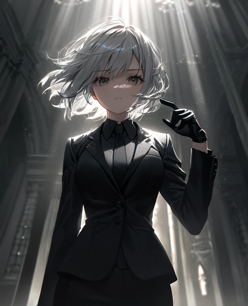 (a woman with one arm,arm handicapped), short white hair, intense expression, wearing a slim-fit black suit with black gloves, highly detailed, photorealistic, intricate details, masterpiece, dramatic lighting, cinematic, moody atmosphere, chiaroscuro, dark and gritty