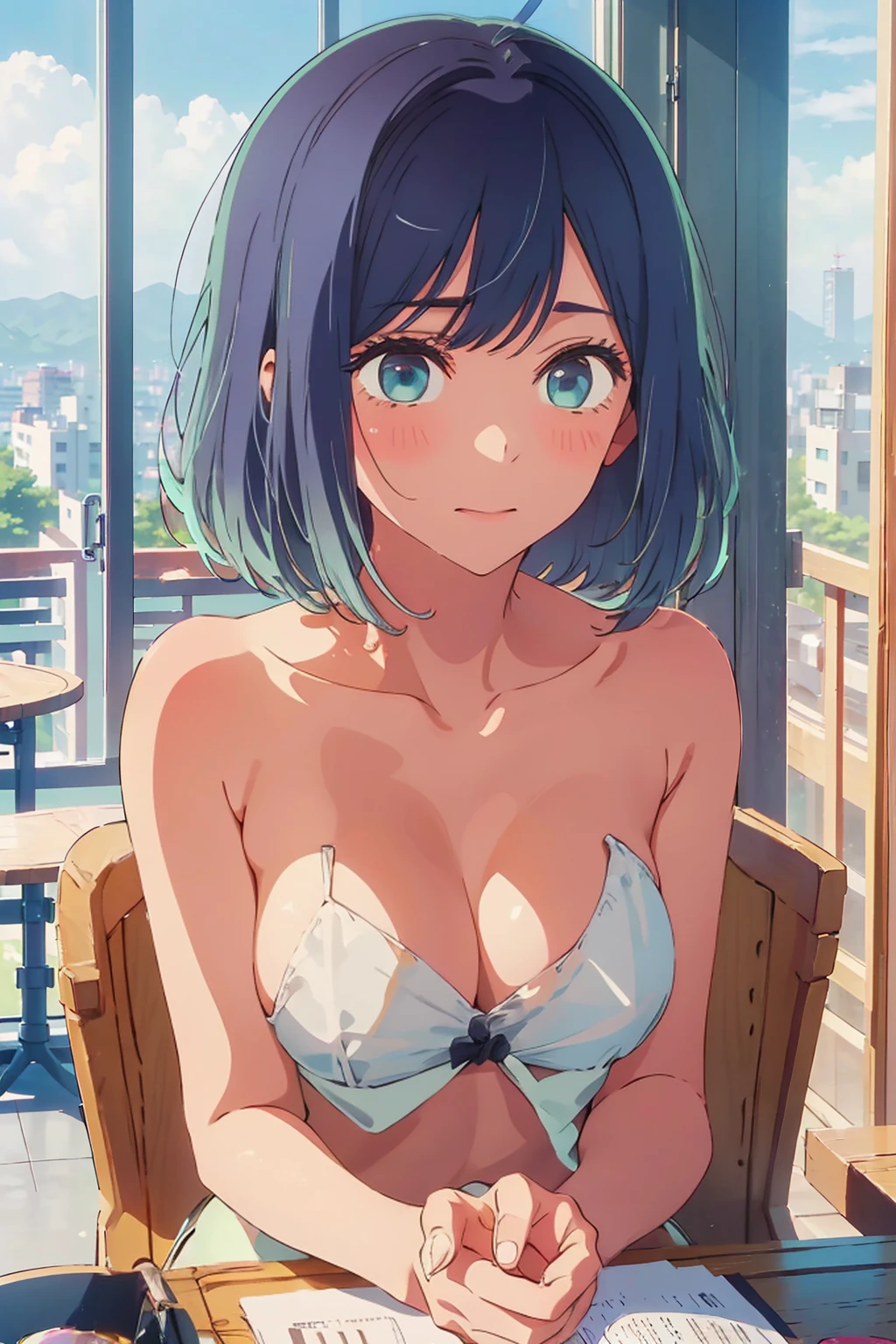 (Highest quality:1.4、8K:1.4、detailed)、F cup bust、Big Breasts、Slim body、Very white beautiful skin、((((1 person、Troubled expression、sit、Chair、In the background are the urban buildings of Tokyo、looking at the camera、Indoor cafe terrace、Navy hair color、juice、Shooting up close、table、Very cute face))))、((((nude、Areola))))、(Touching mouth with both hands:1.4)、(((bikini)))、Nipples、Very blue sky、A completely cloudless sky