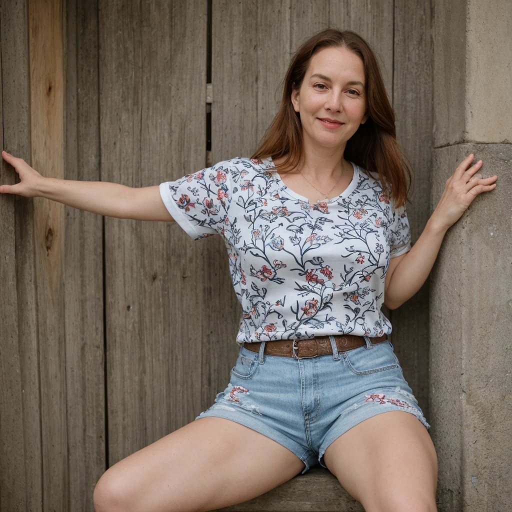 1 girl, solo, Caucasian, Old woman, mature, her name is Sophia, (mother), ((consistent face and image)), (((60 years old woman))), (((wrinkles))), ((long red hair)), ((fair skin)), ((round face)), ((short roman nose)), ((brown plump lips)), ((full body)), ((half body shot)), (((sexy and chubby body))), (((wearing shorts and printed top))), (inside Portugal townhouse), smirk, ((spring season)),