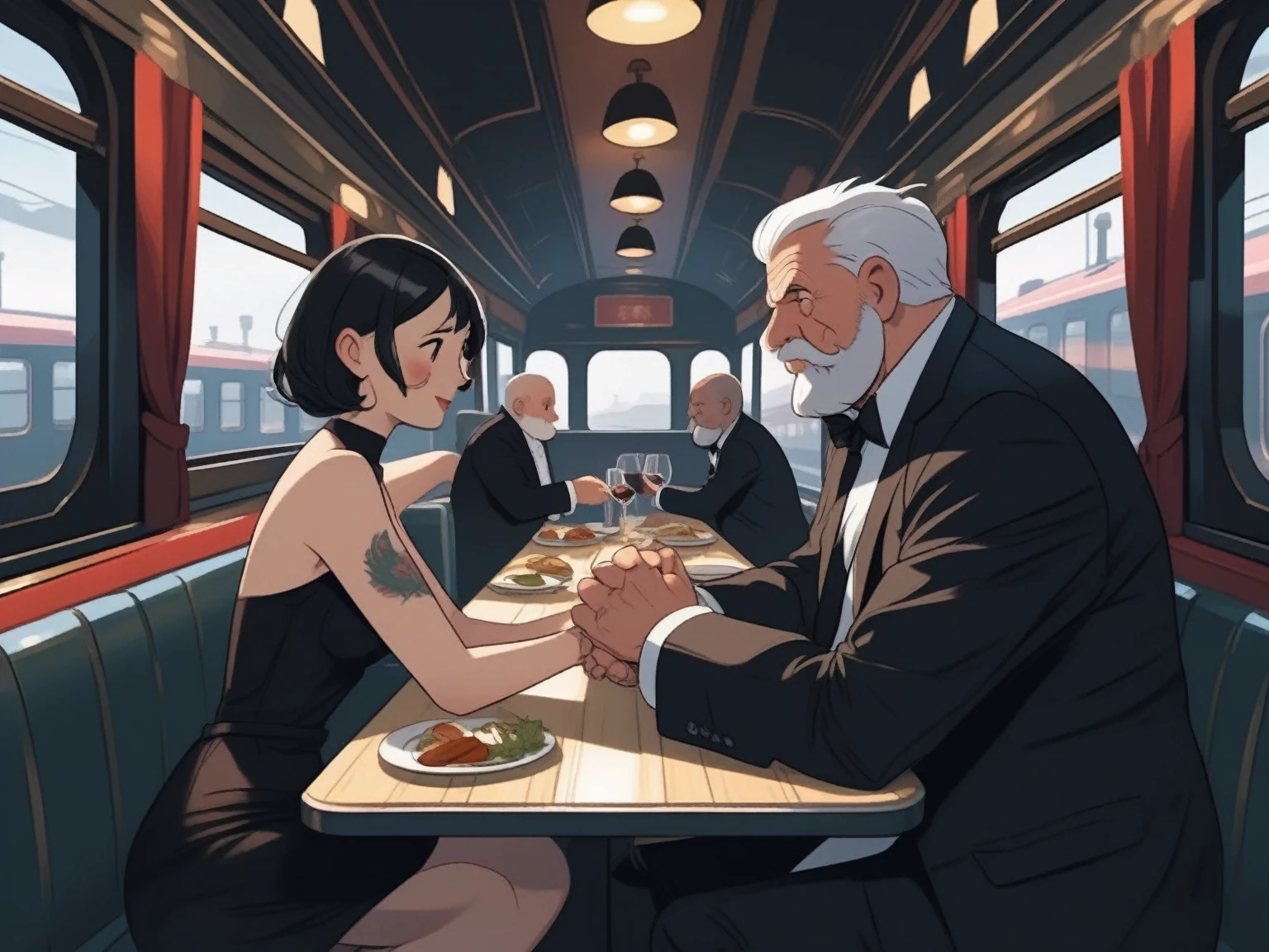  1 old man, fat, mafia boss, white beard , 45 years old, black expensive suite, white short hair, tattos, in  an old train, with his secretary, a woman young, black  short, black hair, holding her hand, romantic setting dinner, outside view of the train
holding hands
