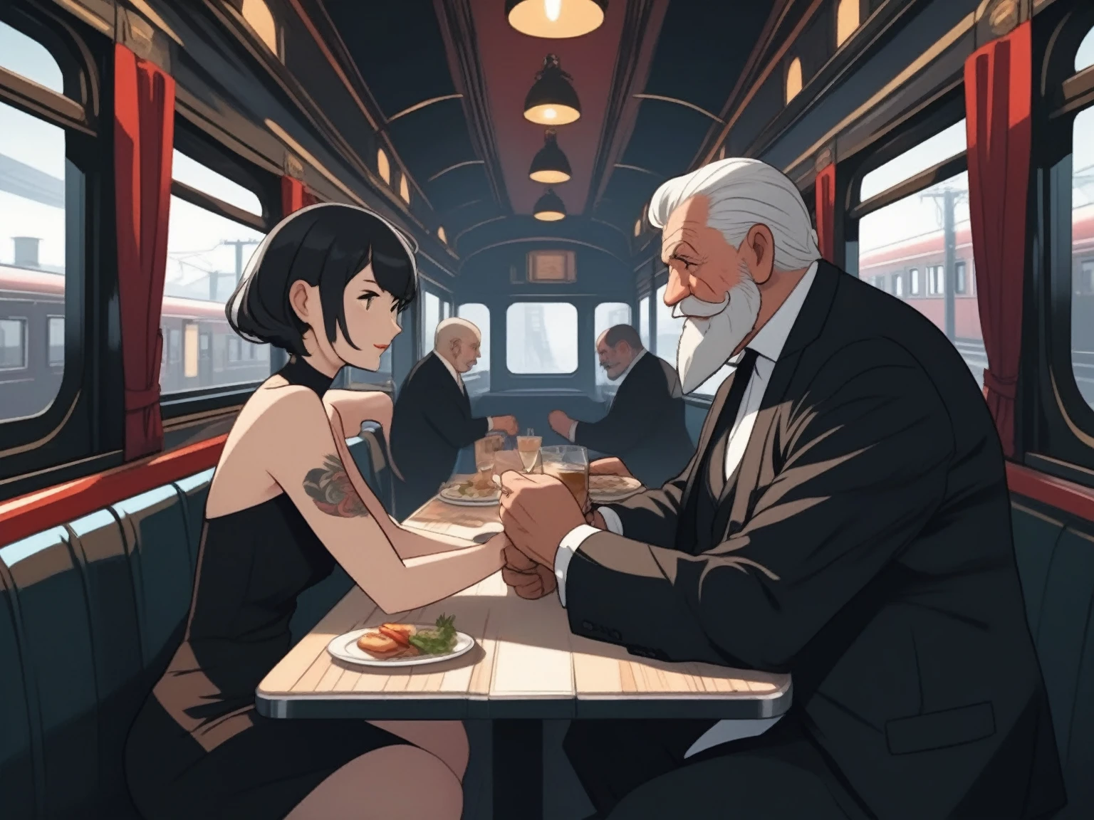  1 old man, fat, mafia boss, white beard , 45 years old, black expensive suite, white short hair, tattos, in  an old train, with his secretary, a woman young, black  short, black hair, holding her hand, romantic setting dinner, outside view of the train
holding hands
