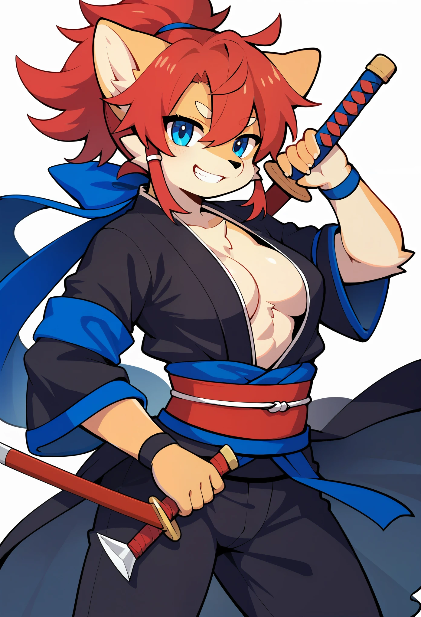 cover page, highres, top quality, best quality, paid reward available, unparalleled masterpiece, perfect artwork, absurdres, High-quality illustrations, super high resolution, detailed background, shuimobysim, perfect anatomy (furry, anthro, kemono, solo focus, Japanese kimono, ninja, samurai, sword with blue flames, battle duels),