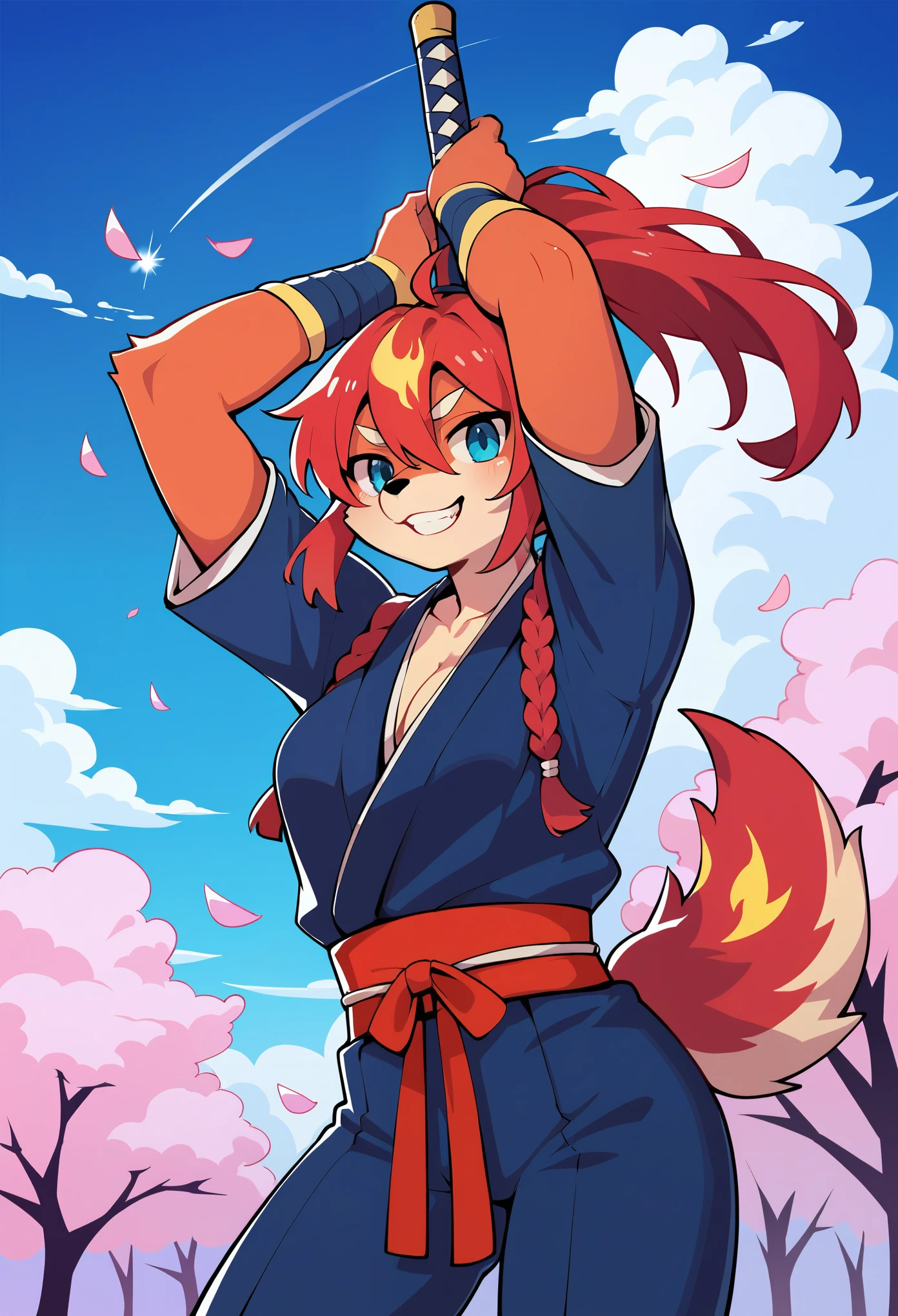 cover page, highres, top quality, best quality, paid reward available, unparalleled masterpiece, perfect artwork, absurdres, High-quality illustrations, super high resolution, detailed background, shuimobysim, perfect anatomy (furry, anthro, kemono, solo focus, Japanese kimono, ninja, samurai, sword with blue flames, battle duels),