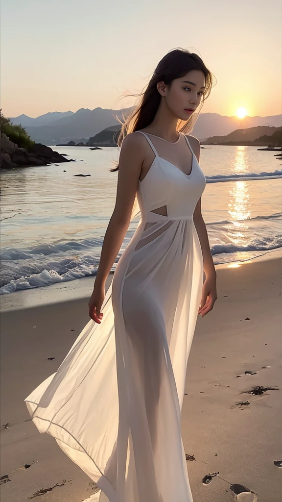 ((Best quality，High Detail，masterpiece:1.2)),（summer mountains，Sunset），（Backlight, See through body contours：1.3）, 1 20-year-old girl, full-body shot：1.3，White dress dress,Clear facial features：1.5，standing solo, Elegant posture，Delicate face, Perfect body