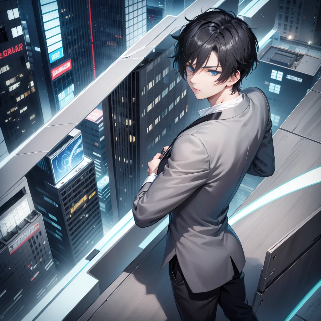 Anime style, 1boy, short black hair, light blue eyes, wearing all grey suits, on top of a building, high res, ultrasharp, 8k, masterpiece, looking at viewer from behind