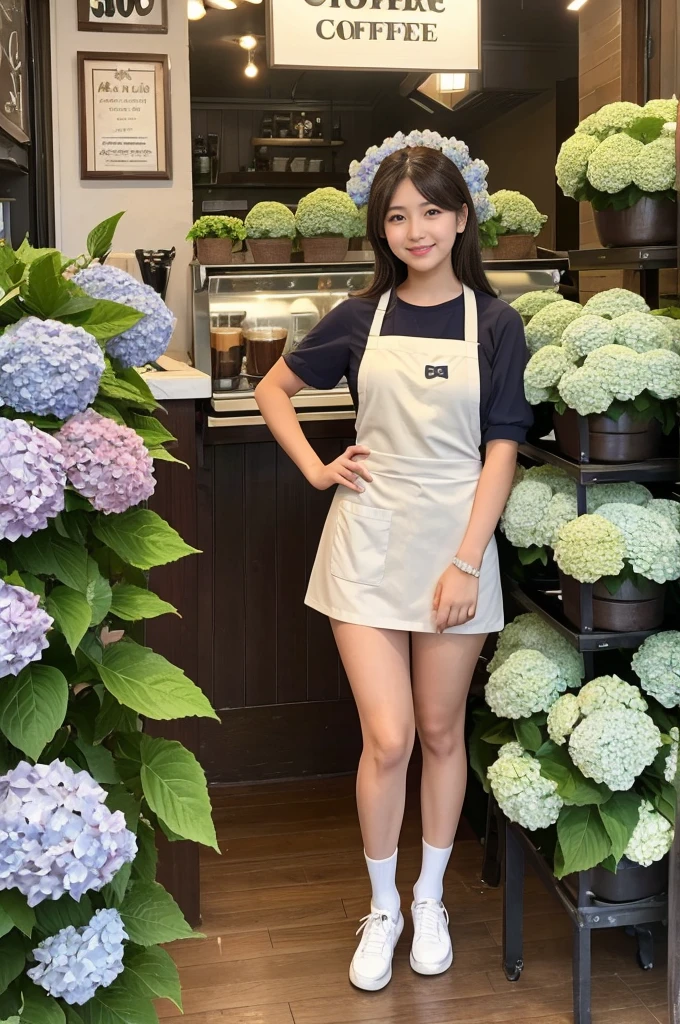 A 20-year-old girl working at a coffee shop decorated with hydrangeas（Wearing a miniskirt and apron）