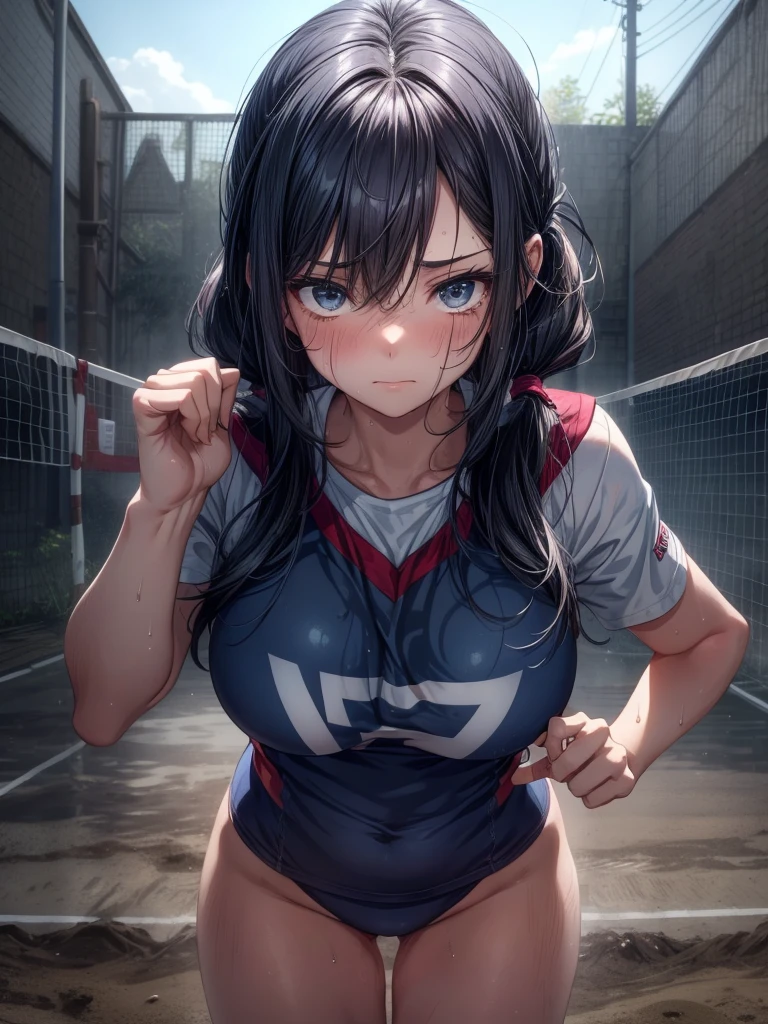 top-quality、Full limbs、complete fingers、one beautiful women、Beautiful Large Breasts、Medium Hair、poneyTail、A dark-haired、(blue volleyball uniform:1.3)、Blue bloomers、Bold sexy poses、 Face full of scars、Skin shiny with sweat、 injured scared girl、 crying wet bursting out eyes, real tears streaming down face, ultra-detailed eyes,bandaid on face,covered with mud,expression of despair,Illumination that emphasizes shiny sweat{{{Spread }}},(crotch rope walking:1.0)、20 years girl、Gymnasium、Volleyball Court、volley,