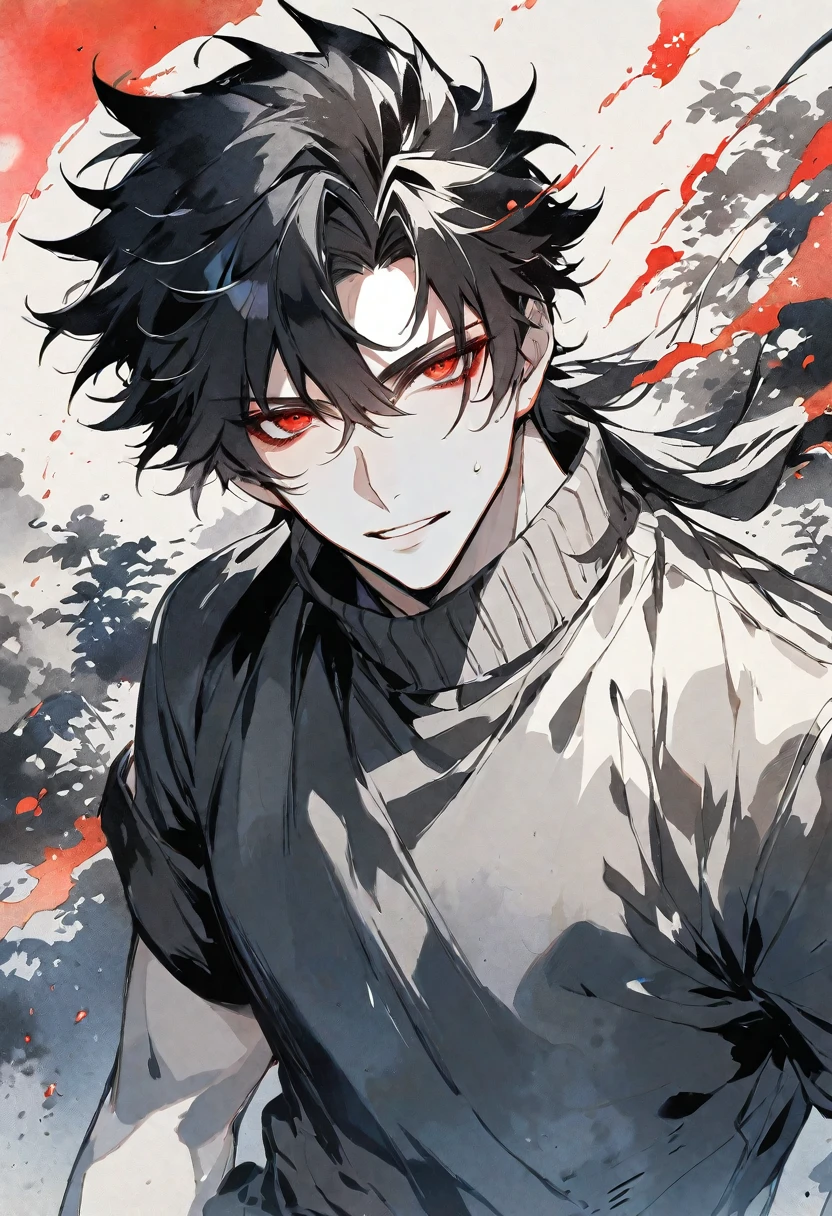 black hair student with red eyes, tall and muscular, good looking, and cool spiky hair