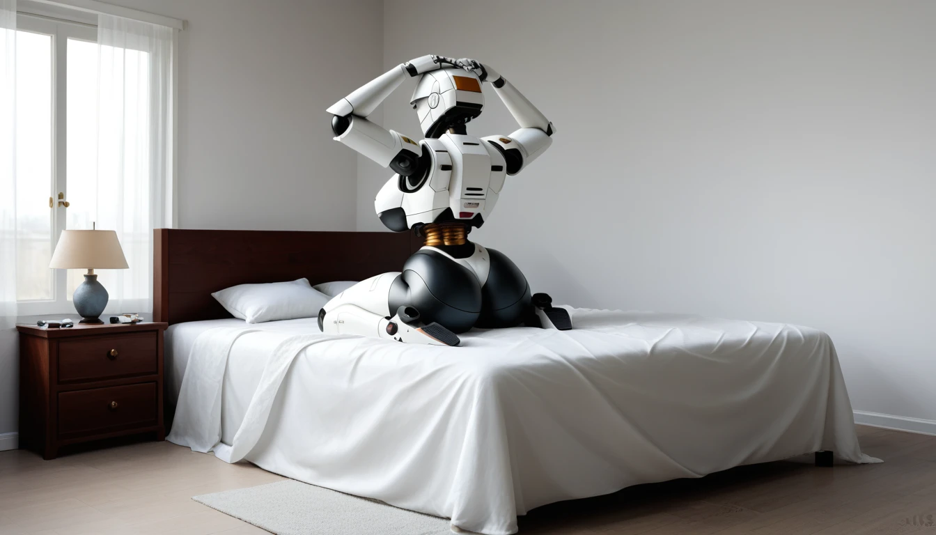 1 girl, mecha, combat robot, mechanic body, bedroom, fat ass, wide hips, curvy, huge breasts, tall robot, faceless, full body, voluptuos, masterpiece, ultra high quality, detailed hands, detailed body, sitting on bed, back view, arms up and resting on head, cinematic picture,