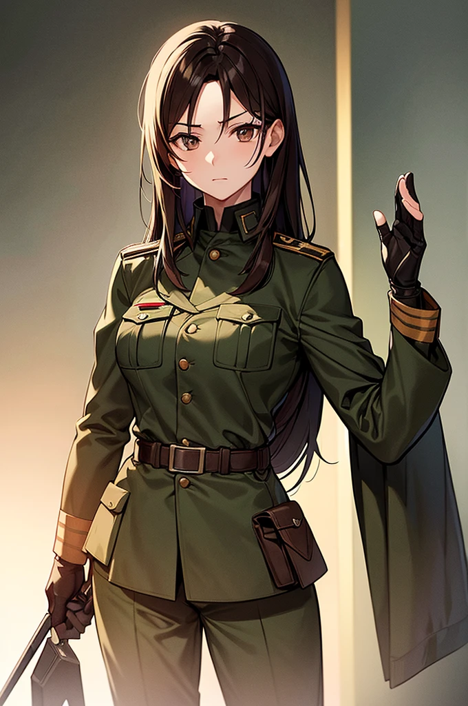 Content:
A black, adult female general with long brown hair and brown eyes. She has a mature face and is wearing a uniform loosely inspired by German military attire. She is saluting the camera with a confident and serious expression, her left hand behind her back.

Medium:
Digital art, anime illustration.

Style:
Pixiv contest winner, fine art, incorporating elements from historical military aesthetics and anime character design to emphasize a confident and mature look. Drawing style references from artists known for their strong, detailed character portrayals like Yoji Shinkawa.

Lighting:
Dramatic, with strong contrasts to highlight her authoritative presence and the details of her uniform. Subtle shadows add depth and realism, emphasizing her serious demeanor.

Colours:
A palette of military greens and browns, with subtle highlights to bring out the texture of the uniform and her facial features. The background is a desert setting, enhancing the military theme.

Composition:
A full-body shot, capturing her mature and confident demeanor. She stands tall and proud, with her right hand raised in a salute and her left hand behind her back. The desert landscape serves as the backdrop, reinforcing her military presence.