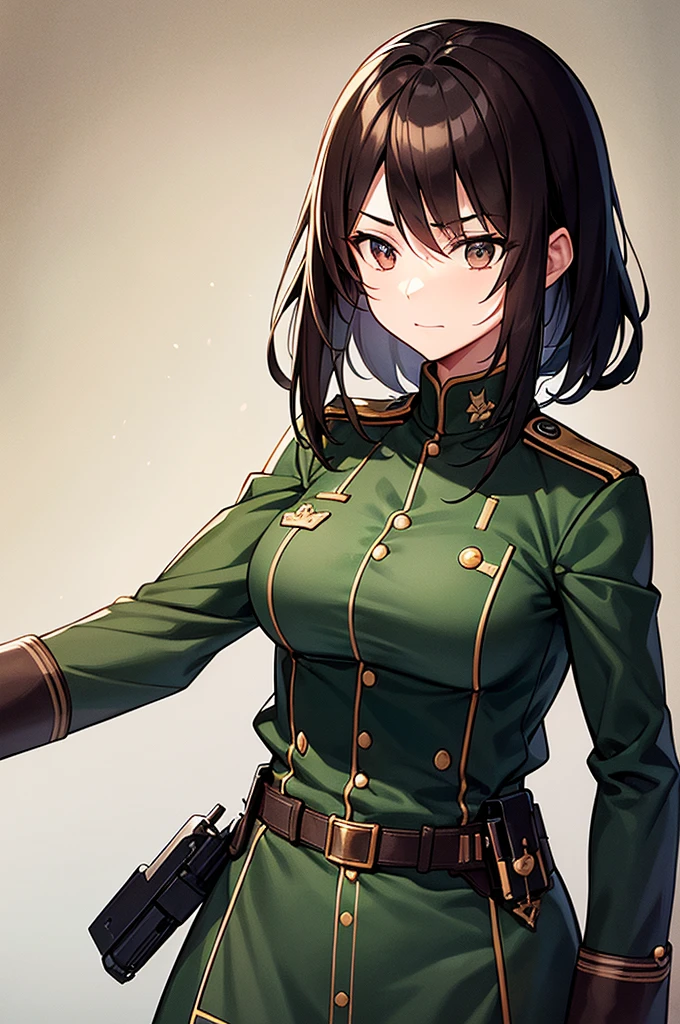 Content:
A black, adult female general with long brown hair and brown eyes. She has a mature face and is wearing a uniform loosely inspired by German military attire. She is saluting the camera with a confident and serious expression, her left hand behind her back.

Medium:
Digital art, anime illustration.

Style:
Pixiv contest winner, fine art, incorporating elements from historical military aesthetics and anime character design to emphasize a confident and mature look. Drawing style references from artists known for their strong, detailed character portrayals like Yoji Shinkawa.

Lighting:
Dramatic, with strong contrasts to highlight her authoritative presence and the details of her uniform. Subtle shadows add depth and realism, emphasizing her serious demeanor.

Colours:
A palette of military greens and browns, with subtle highlights to bring out the texture of the uniform and her facial features. The background is a desert setting, enhancing the military theme.

Composition:
A full-body shot, capturing her mature and confident demeanor. She stands tall and proud, with her right hand raised in a salute and her left hand behind her back. The desert landscape serves as the backdrop, reinforcing her military presence.
