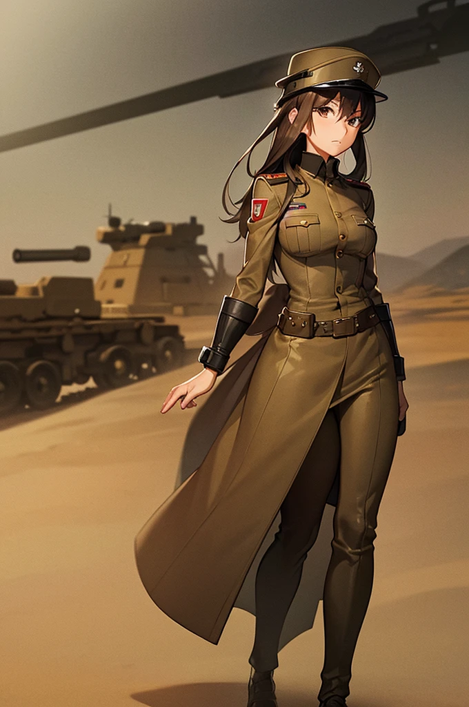 Content:
A black anime woman in a uniform inspired by German WW2 attire, standing in the desert. She has a mature face with long brown hair and brown eyes, exuding confidence and authority. She is depicted as a military general.
Medium:
Concept art, digital illustration.
Style:
Inspired by Yasutomo Oka, Pixiv, Shin Hanga, Fujita Goro, Range Murata, and Artgerm. Incorporating elements from dieselpunk aesthetics and detailed, fine art.
Lighting:
Dramatic, with strong contrasts to highlight her authoritative presence and the intricate details of her uniform. Subtle shadows add depth and realism.
Colours:
A palette dominated by military greens, browns, and desert hues, with subtle highlights to bring out the texture of the uniform and her features. The background features a desert landscape, emphasizing the military theme.
Composition:
A full-body shot, showcasing her mature and confident stance. She stands with a commanding presence, right hand saluting, and left hand behind her back. The desert environment enhances her military aura and the overall composition.