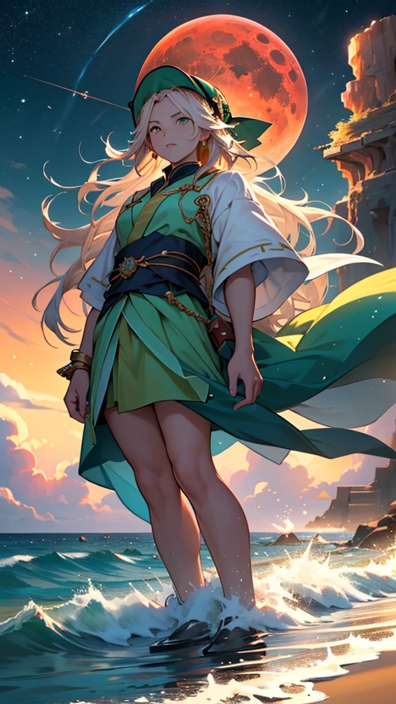 masterpiece, Highest quality, ( Caravel : 1.3 ), ( 大航Ocean時代の艦隊1.3), Ocean, Sunny weather, 装飾なしVery detailed 8k 壁紙,(Very detailed:1.1), ((masterpiece:1.1)),[anime:material:0.5], complicated , Fantasy,(1 pcs),(Ocean:1.2),[golden boat:golden boat with (Green Fire:1.2):0.1], sunny ,Wind ,Beautiful sky,(Night Sky),(Milky Way), (A giant blood moon in the background:1.05)アイヴァゾフスキーWindの荒れ狂うOcean