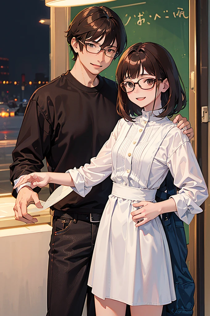 Give me an anime version image of a girl with short white and brown hair, with glasses and smiling and a boy with dark brown hair not so tall and smiling