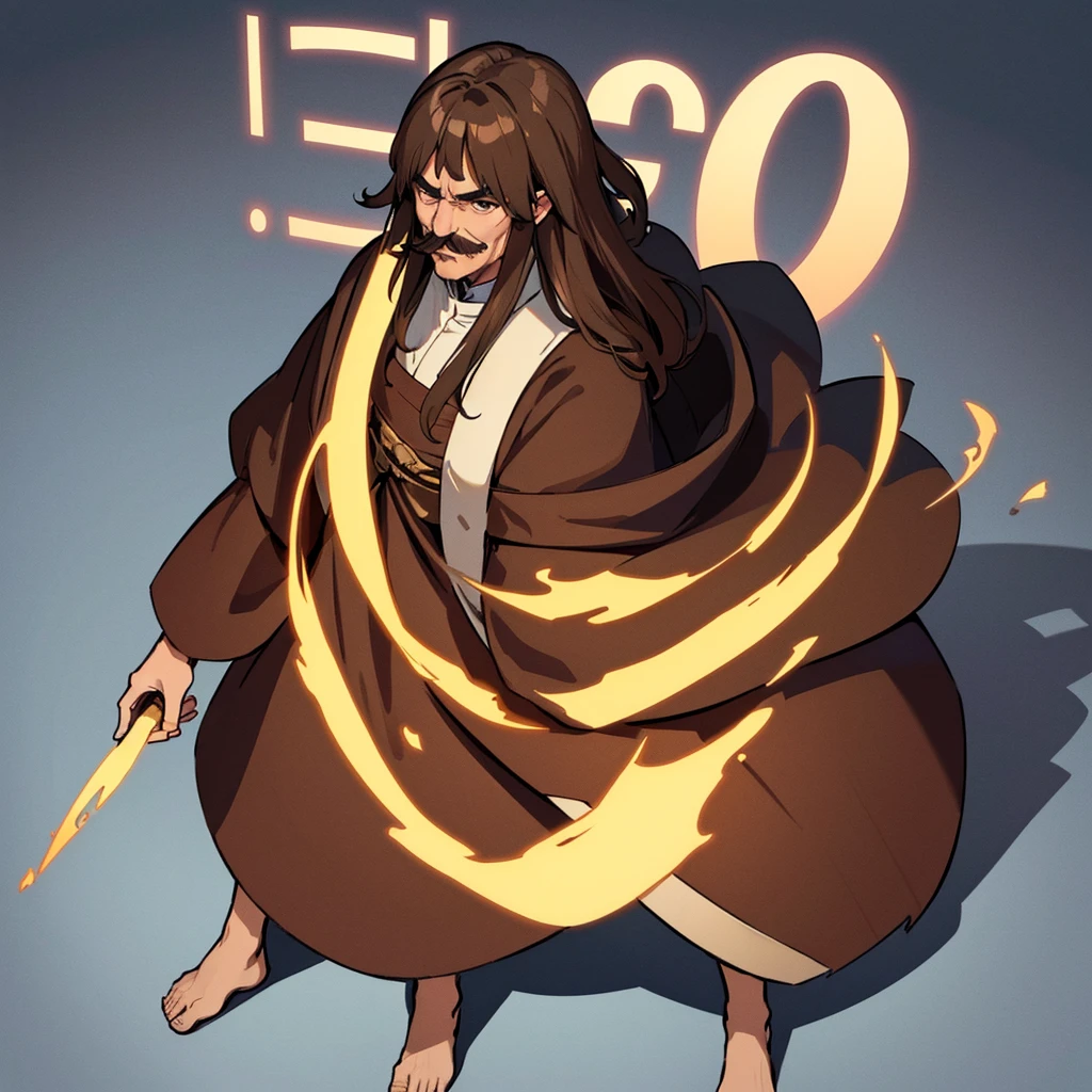 ((((Solo))))、(Full body character concept)、Highest quality, Best Quality,Best illustrations、middle ages、(((Simple brown robe)))、(50 year old man、mature、Kaiser moustache)、(Open your mouth、smile)、(From above)、Dramatic Angle