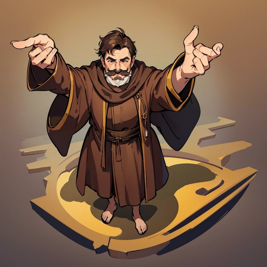((((Solo))))、(Full body character concept)、Highest quality, Best Quality,Best illustrations、middle ages、(((Simple brown robe)))、(50 year old man、mature、Kaiser moustache)、(Open your mouth、smile)、(From above)、Dramatic Angle