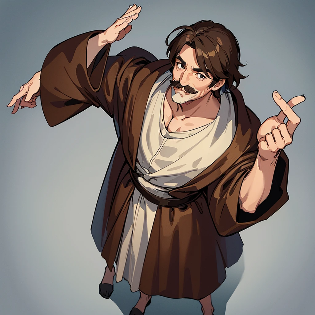 ((((Solo))))、(Full body character concept)、Highest quality, Best Quality,Best illustrations、middle ages、(((Simple brown robe)))、(50 year old man、mature、Kaiser moustache)、(Open your mouth、smile)、(From above)、Dramatic Angle