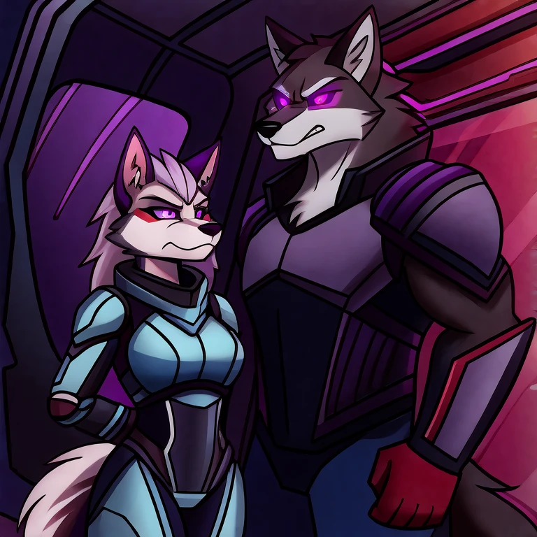 (masterpiece, best quality: 1.2), Vortex Hellhound, a bodyguard, wolf, furry, an amazing boss, hypnotized with glowing purple eyes, serious and angry face, wearing futuristic armor, arresting a female hellhound with normal eyes and scraed face, white fur, wearing civilian clothes, in futuristic room background