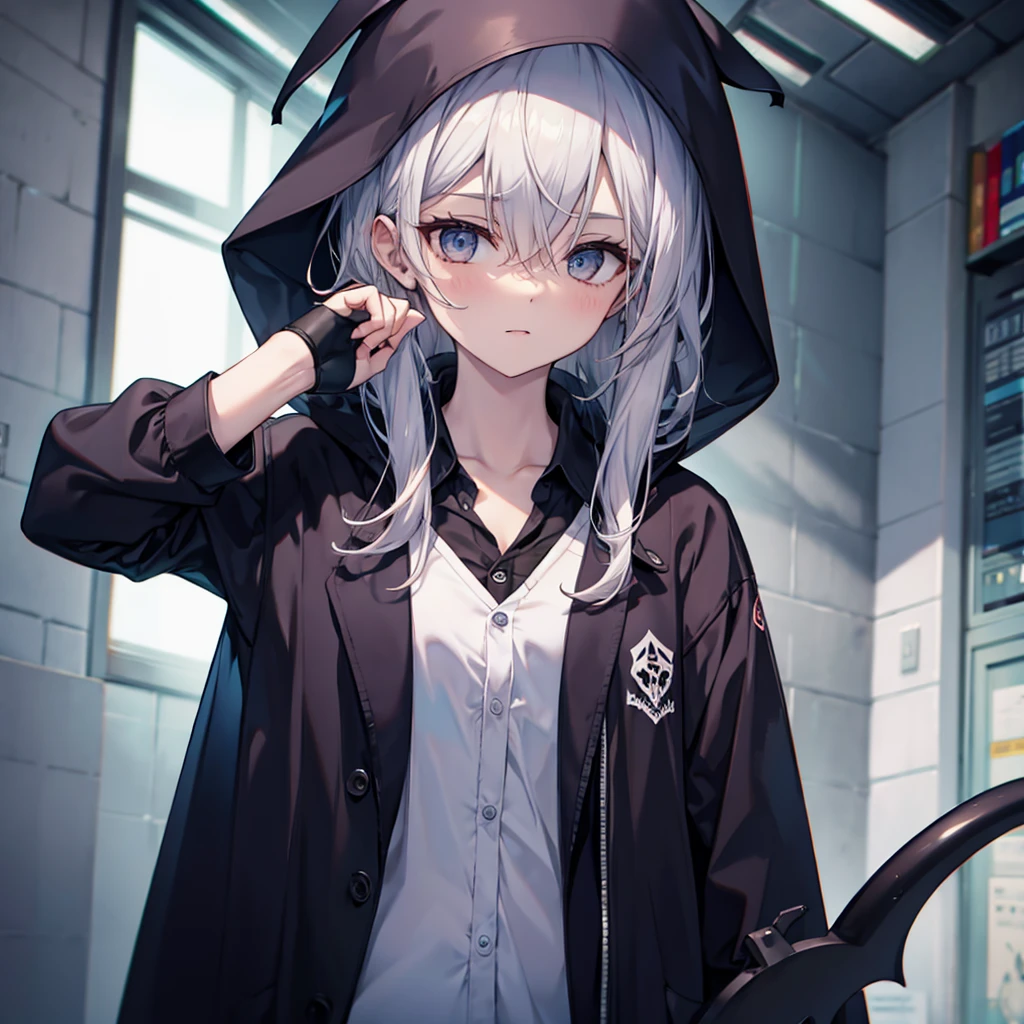 (((Grim Reaper's Scythe))) (((Gray Hair Short Hair blue eyes girl))),((night full moon My own big wings)),(Wearing a hood Black camisole Purple light), A tense look Shining Background Shining Edge