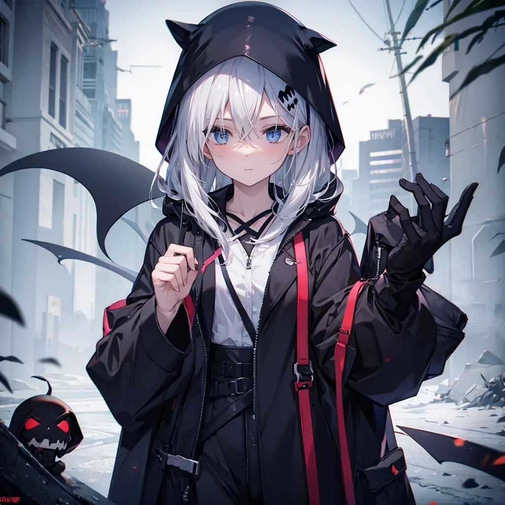 (((Grim Reaper's Scythe))) (((Gray Hair Short Hair blue eyes girl))),((night full moon My own big wings)),(Wearing a hood Black camisole Purple light), A tense look Shining Background Shining Edge