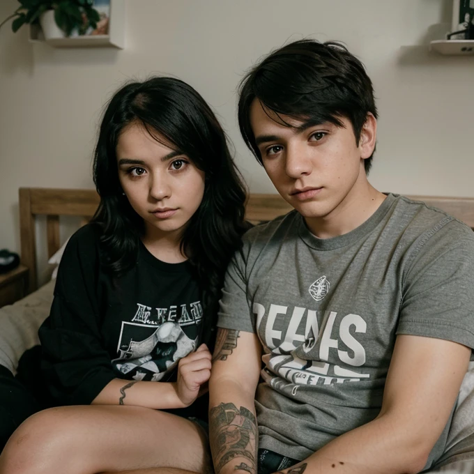 Mexican emo girl and a Polish emo boy , curled up in their bed , looking at the camera for his followers , sheltered , cute photo for instagram , selfie age 25 years