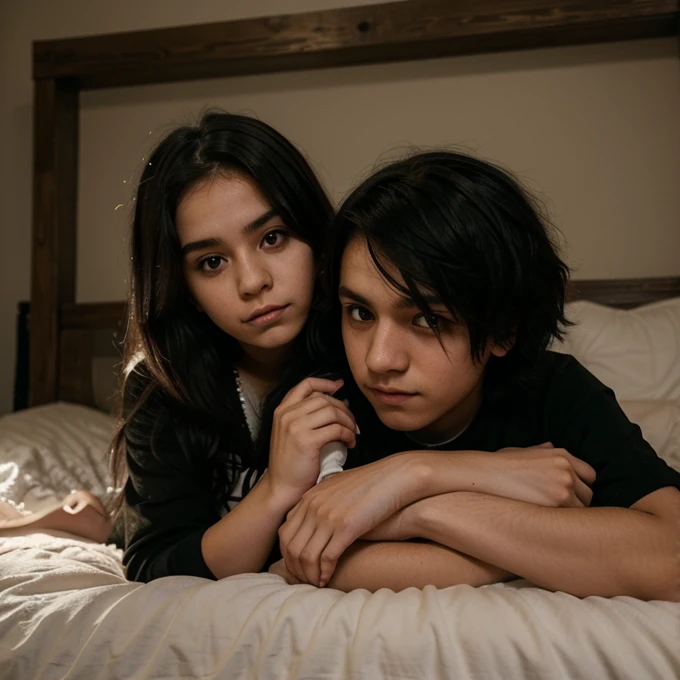 Mexican emo girl and a Polish emo boy , curled up in their bed , looking at the camera for his followers , sheltered , cute photo for instagram , selfie age 25 years