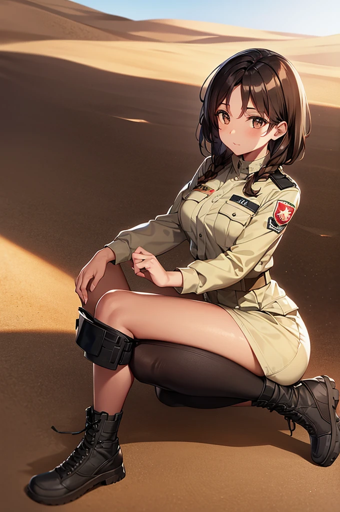 black woman in military attire. Brown hair, brown eyes, in desert