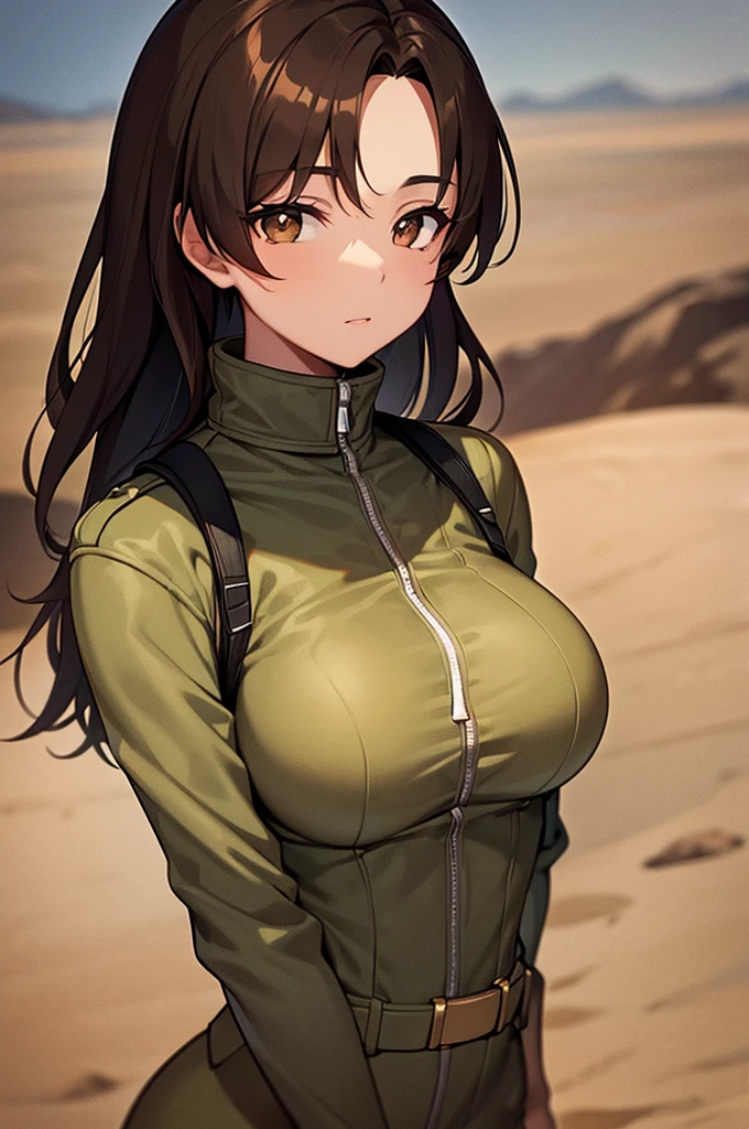 black woman in military attire. Brown hair, brown eyes, in desert