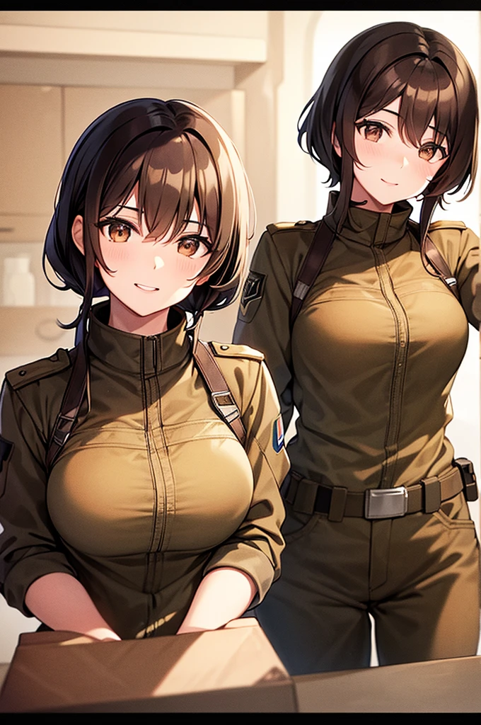 (2girl),Super detailed、bare breasts,Army clothing,smile,bare breast,big breast,huge breast,