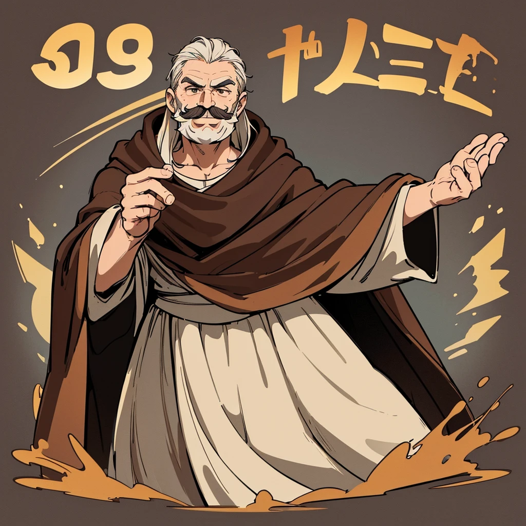 ((((Solo))))、(Full body character concept、Various poses、10 people)、Highest quality, Best Quality,Best illustrations、middle ages、(((Simple brown robe)))、(50 year old man、mature、Kaiser moustache)、(Open your mouth、smile)、Dramatic Angle