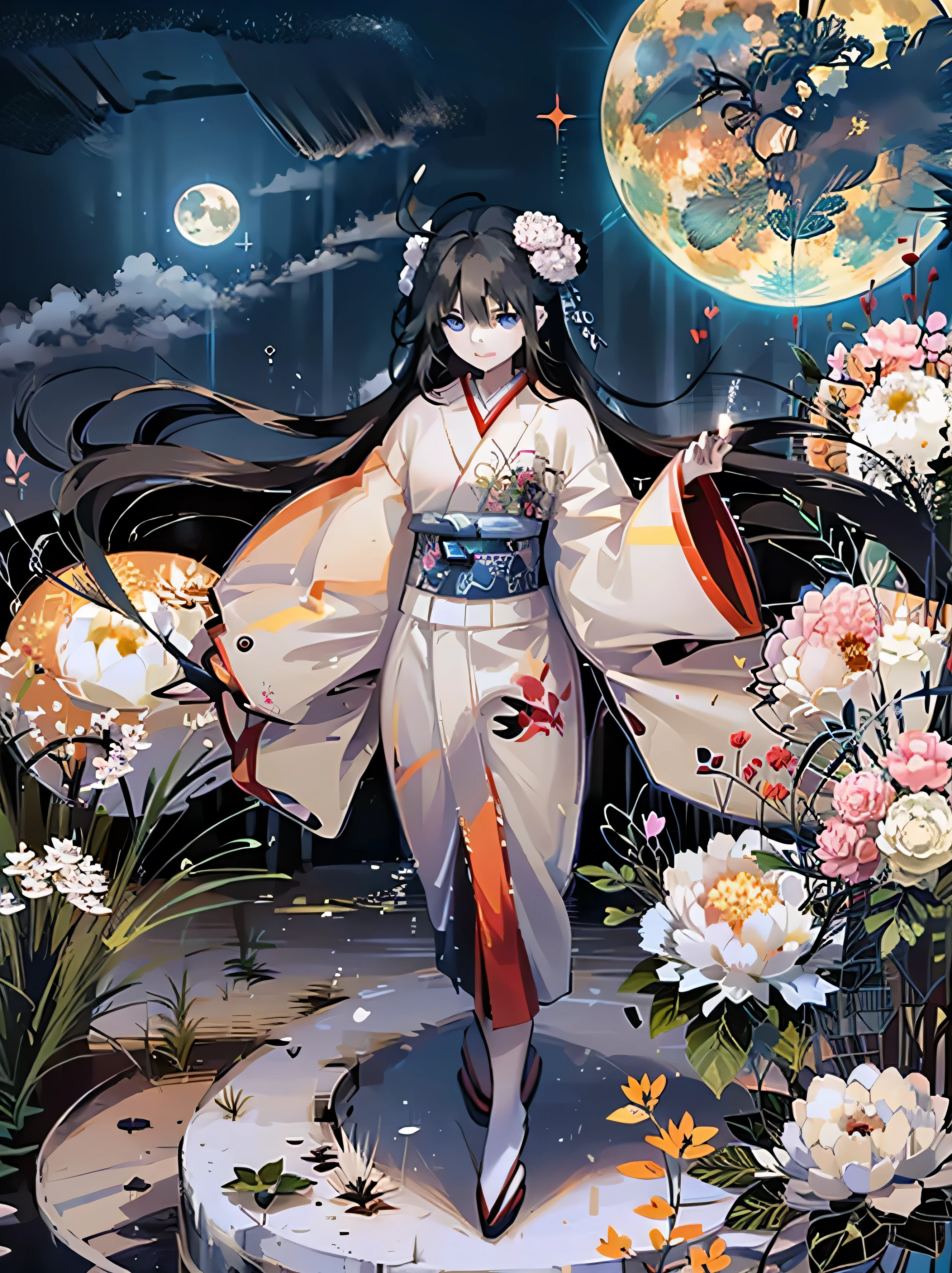 ((absurdres)), hd, uhd, (((HDR))), ((best quality)), (ultra high quality), (hi-res), ((1girl)), solo, alone, 
hmshiki, very long hair, ahoge, hair flower, hair ornament, blue eyes, floral print, (layered clothes:1.2), japanese clothes, white kimono, lips slightly parted, facing viewer, ((dynamic)), one leg behind, japan, outside, buildings, standing in a neighborhood street, gripping katana in right hand, night time, additional lighting, moon, Japanese scenery, barefoot