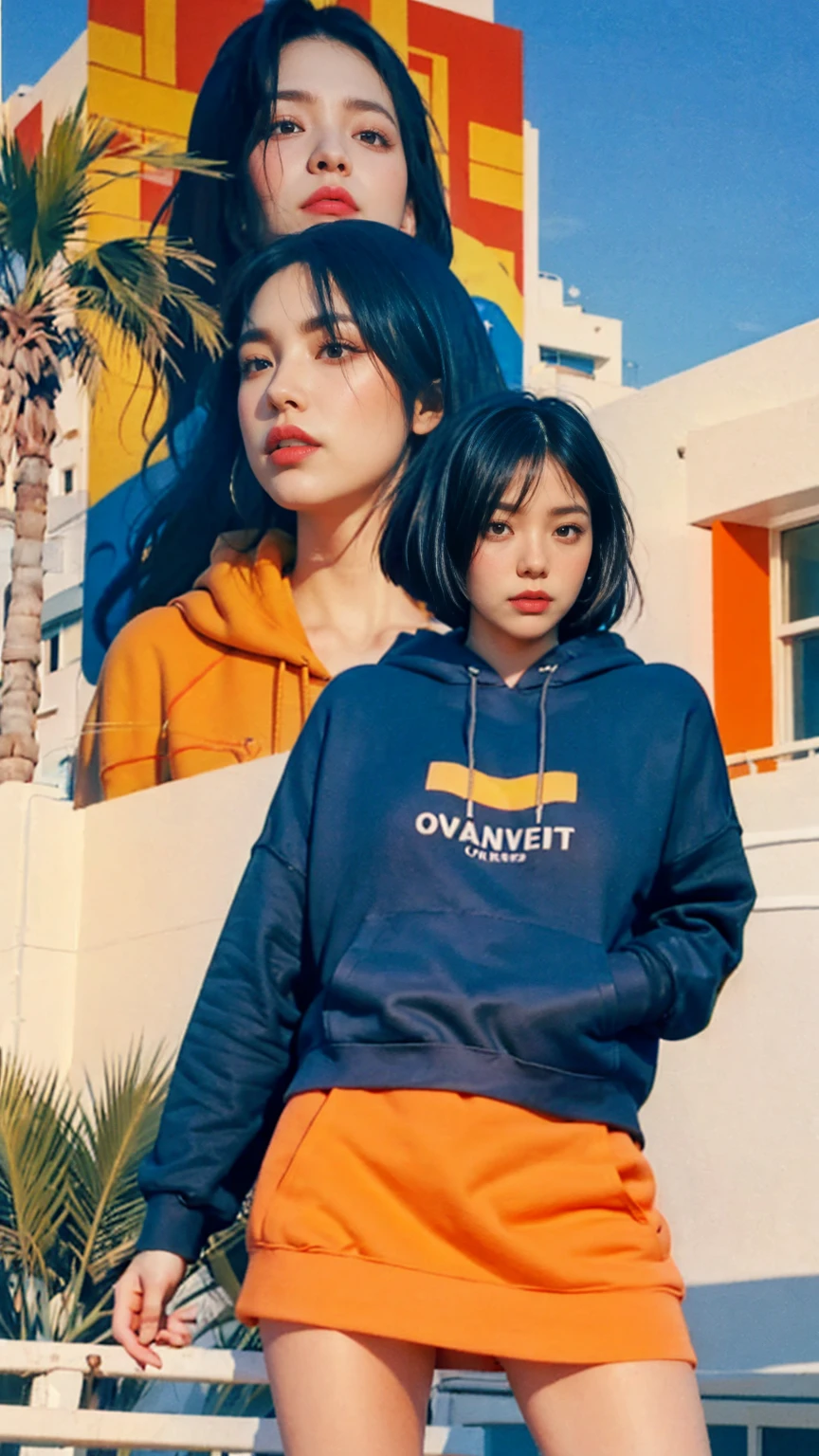 1 girl, beautiful, black bob hair, almond eye, no makeup, wear ((orange hoodie)), ((oversize_hoodie)), peach tennis skirt in front of ((80's mondrian architecture colorful motel)),(from below:1.2), (realistic:1.1), (surreal:1.2), (very detailed:1.1), ((masterpiece)),summer, blue sky, (palm trees),sunny, los angles vibes,