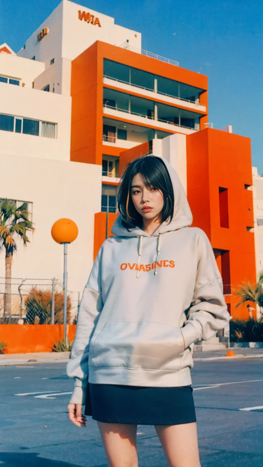 1 girl, beautiful, black bob hair, almond eye, no makeup, wear ((orange hoodie)), ((oversize_hoodie)), peach tennis skirt in front of ((80's mondrian architecture colorful motel)),(from below:1.2), (realistic:1.1), (surreal:1.2), (very detailed:1.1), ((masterpiece)),summer, blue sky, (palm trees),sunny, los angles vibes,