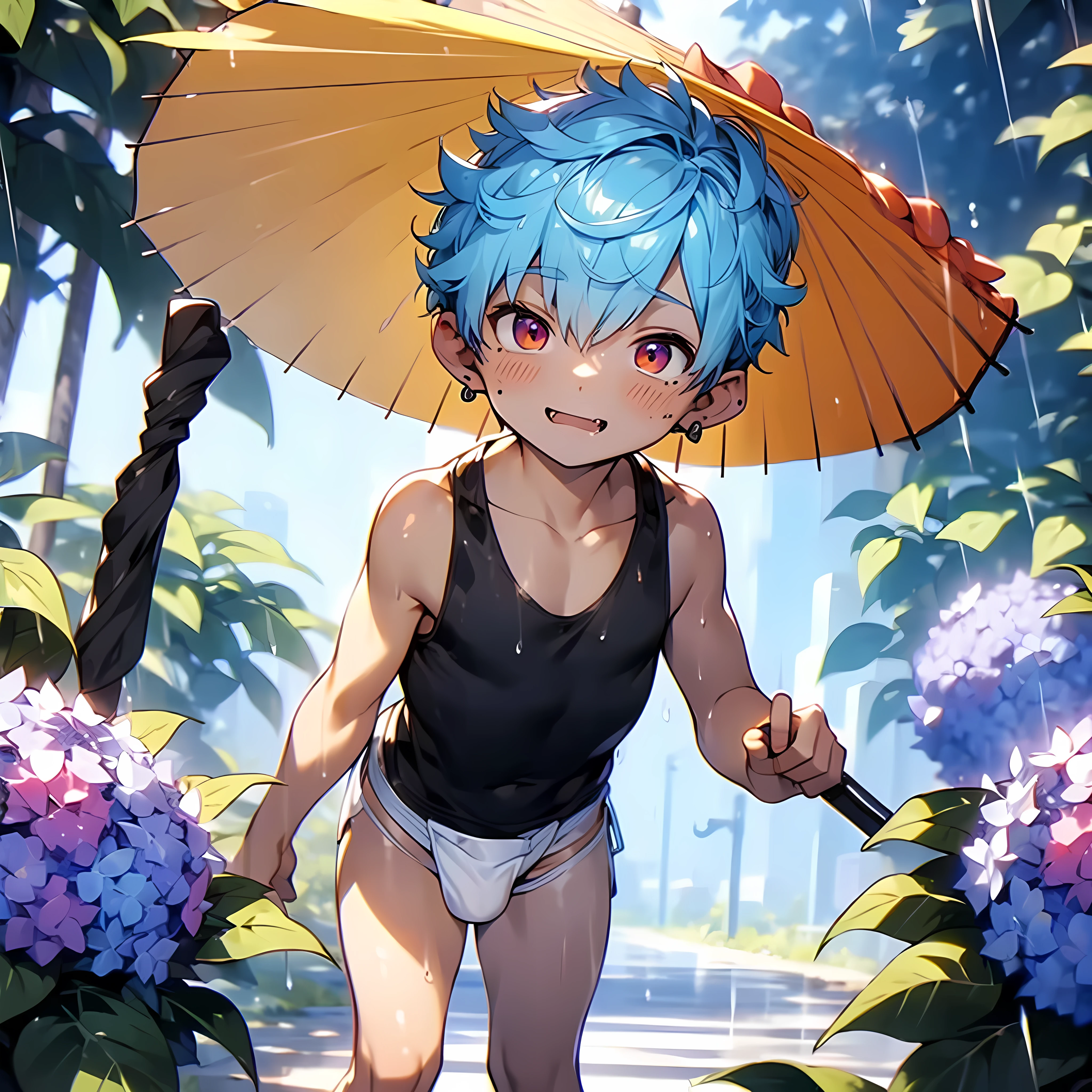 (solo:2), (boldline:-1.6), (holding yellow umbrella:1.8), (arched back:1.3), ((bubble)), (standing:1.5), (((fang))), (((best finger))), BREAK (best quality:1.5), (absolutely resolution:1.5), (ultra detailed:1.5), (masterpiece:1.5), (perfect face:1.5), (detailed face:1.3), (detailed eyes:1.5), (best eyes:1.5), (cute face), (shota:2), BREAK (black tank top:1.75), BREAK (white loincloth:1.5), (see throgh wet clothes:1.5), (bulge:1.6), (skinny:1.3), BREAK (light blue hair:1.5), ((spiked hair)), BREAK (wine red eyes:1.4), (eyes with highlight:1.6), ((mole under eye)), (sweaty skin), (chuckling:1.4), ((earrings)), (shiny skin:1.3), BREAK (garden), (purple hydrangea on ground:1.4), (heavy rain:1.3), ((wind blowing)), ((nipple)), (abs), groin, water splashing, from below, wide angle,