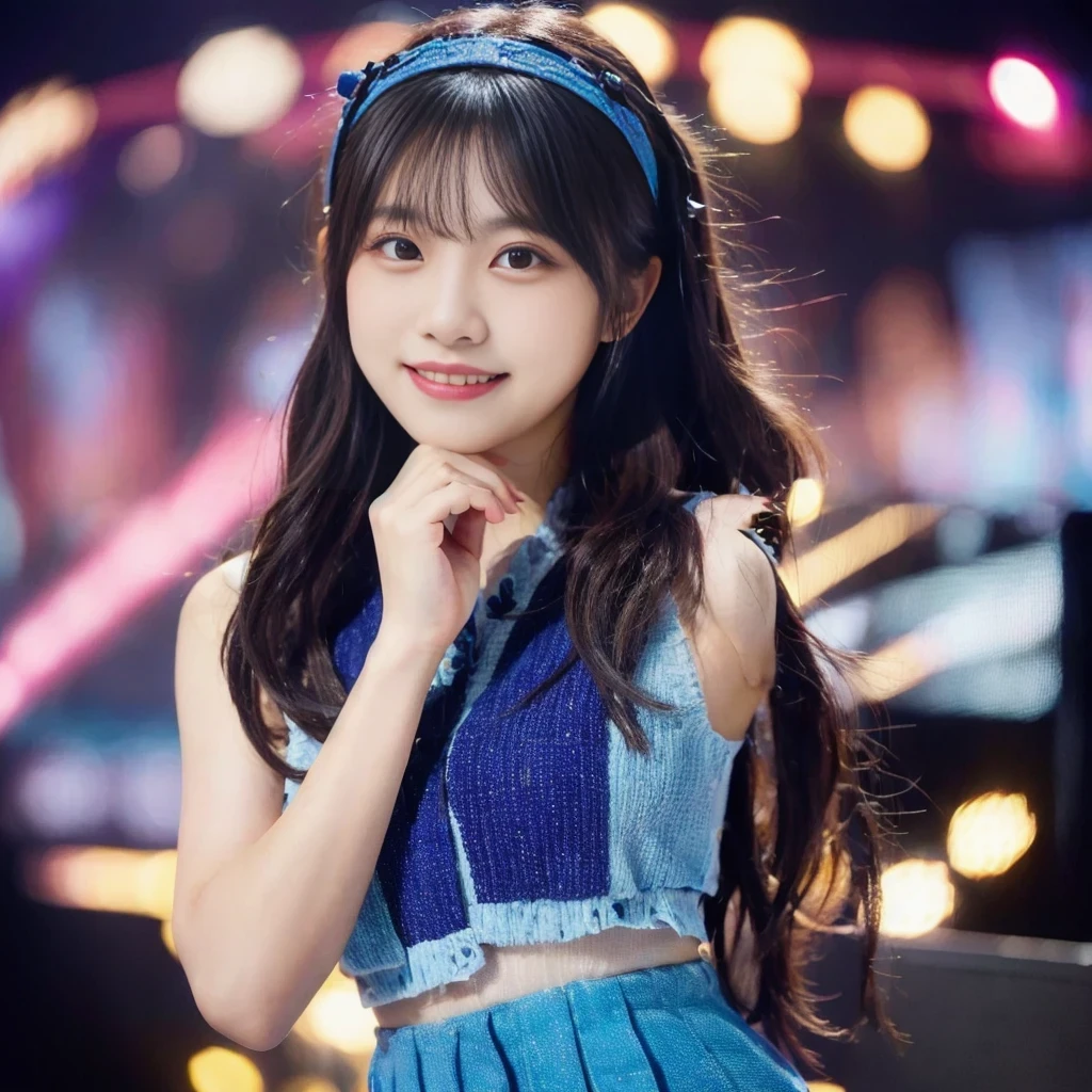 (RAW Photo, Best Quality), (Realistic, Photo Realistic: 1.3), Best Quality, Highly Detailed, Masterpiece, Ultra Detailed, 1 Girl, upper_body, Dynamic Angle, Extremely Detailed CG Unified 8k Wallpaper, Ink, Amazing, Movie upper_body, World Mastery Theater, messy_long_hair, Best Quality, Extremely Detailed CG Unified 8k Wallpaper, Ink, Amazing, Movie Lights, lens_flare, Detailed Face, (Deliberate expression: 1.5), sony master shot, woman posing for photo in front of tv, hi-res screenshot, normal hands, nice studio lighting, vhs screenshot, beautiful fine face, (Japanese age girl idol:1.5), performing on stage, (wearing blue-color idol costume:1.5), black short bob hairstyle, smiling,stage background, stage lights, concert setting, not city background,(wearing a colorful hair accessory)