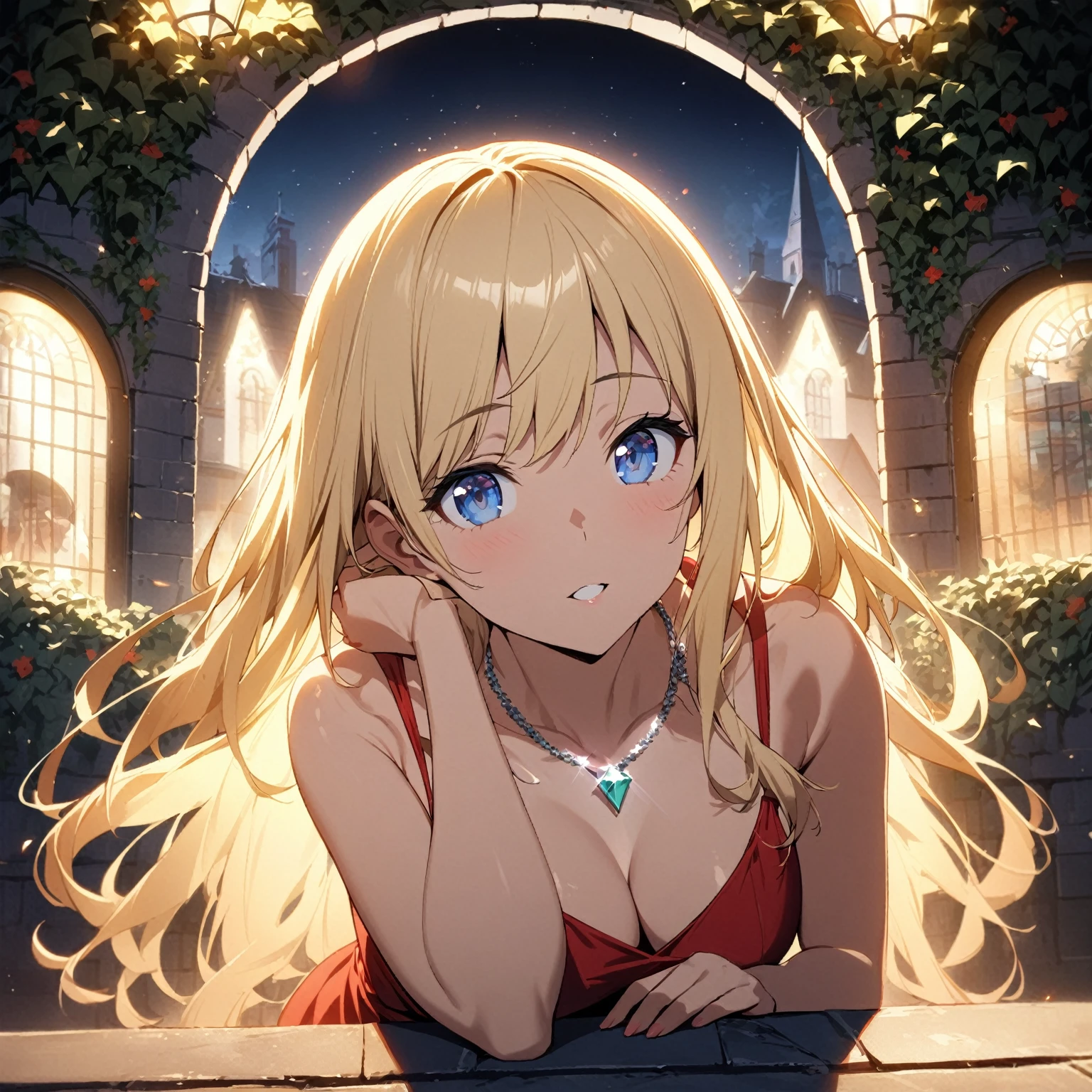 1girl、Blonde、Red dress、blue eyes、diamond necklace、night、terrace、ivy、Ramparts、The lights of the  venue behind、deep shadows、spot light、ultra-detailed、