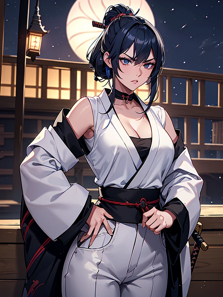 a female samurai, beautiful detailed eyes, beautiful detailed lips, extremely detailed face, long eyelashes,hyper realistic lighting,(super detailed:1.3),((best quality:1.2)),((masterpiece:1.2)),female focus,lonely beauty,(nighttime:1.6),(standing in a medieval europe castletown),cowboy shot,cleavage,((chest sarashi:1.125)),topknot,muted dark blue hair,white samurai coat,(black samurai pants:1.3),(angry:1.1),(wearing one sleeve),(ripped sleeve:1.4),(katana sword on hip:1.2)