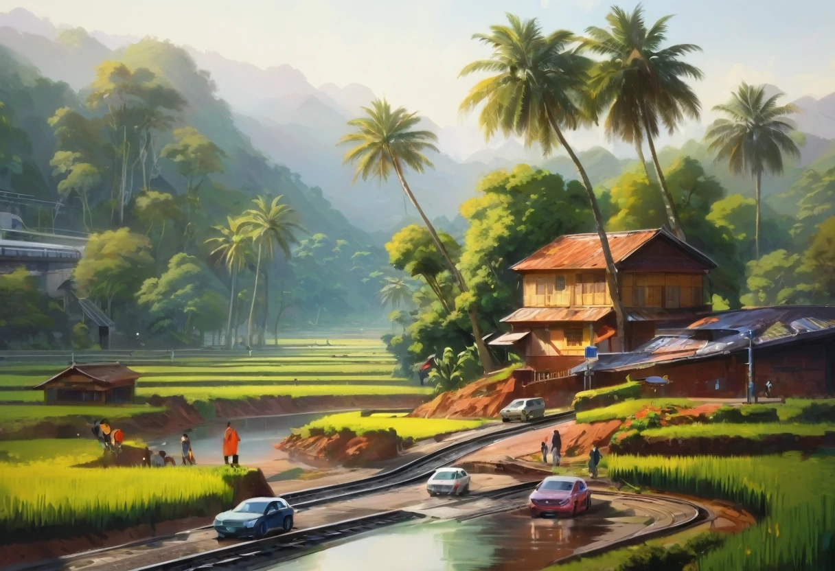 一幅描绘乡村景色的painting，Smart Rail Transit，People&#39;s happy rural life，A helicopter is seen flying over the village,Modern residential buildings ， 极其细致的painting, 8k 高清细致painting, 布面painting, 高细节painting, painting