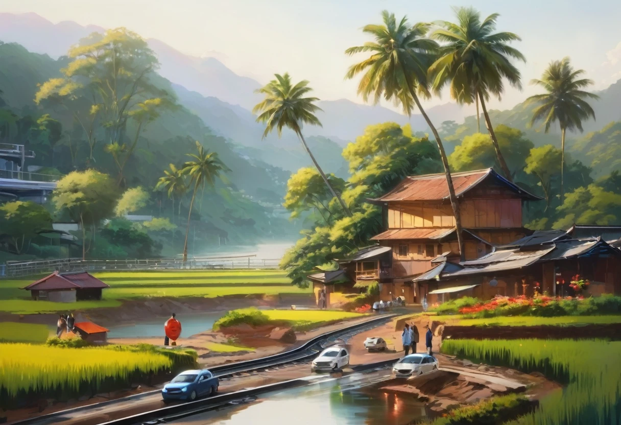 一幅描绘乡村景色的painting，Smart Rail Transit，People&#39;s happy rural life，A helicopter is seen flying over the village,Modern residential buildings ， 极其细致的painting, 8k 高清细致painting, 布面painting, 高细节painting, painting