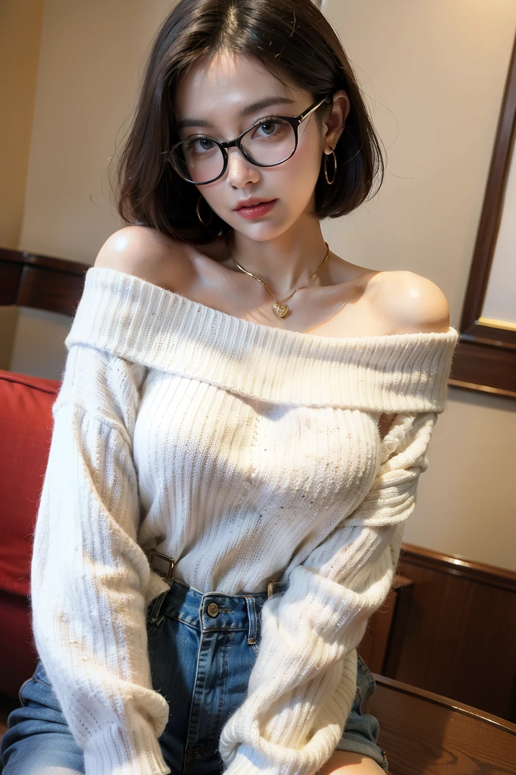 ((best quality)), ((masterpiece)), (detailed), Charm, Off-shoulder sweater, Suspenders,50 years old,Gold rimmed glasses