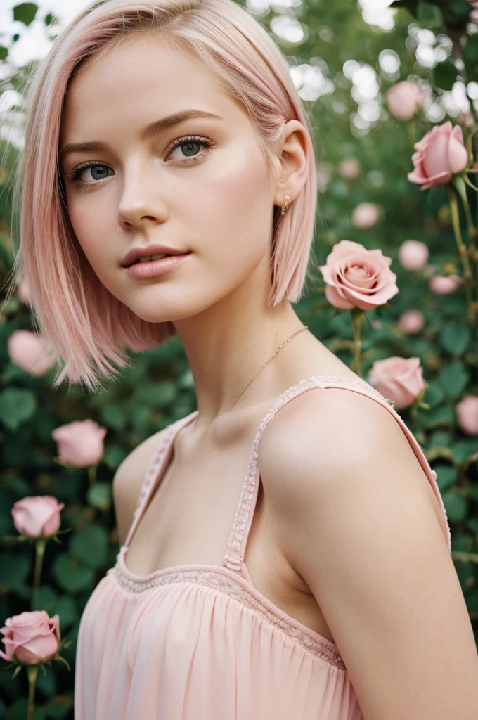 8k, photo and gross, fujifilm, Style photography of a beautiful young girl like Avril in a light pink rose garden. (very detailed skin: 1.2) Style-Petal BREAK short hair, blonde hair with colored highlights, wearing a dress, film grain, 35mm, beautiful style
