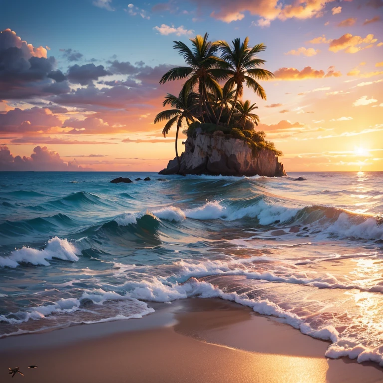 a stunning sunrise over a serene beach, beautiful detailed eyes, beautiful detailed lips, extremely detailed eyes and face, long eyelashes, detailed flawless skin, golden hour lighting, vivid colors, photorealistic, 8k, (best quality,4k,8k,highres,masterpiece:1.2),ultra-detailed,(realistic,photorealistic,photo-realistic:1.37),landscape,cinematic composition,dramatic lighting,glowing sky,dramatic clouds,crashing waves,golden sand,palm trees,reflection in the water,warm color palette