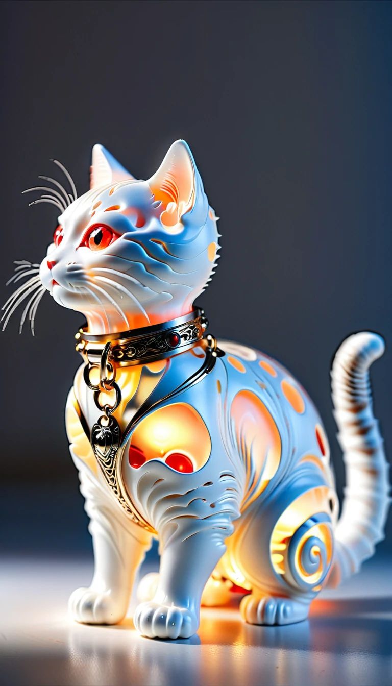 There is no one, realistic photo, realism, munchkin (Munchkin) cat, future oriented, metal decoration, Shining red light inside, hollow interior, Polish, ray tracing, perfect composition, intricate details, Very sharp, masterpiece, profile, high resolution